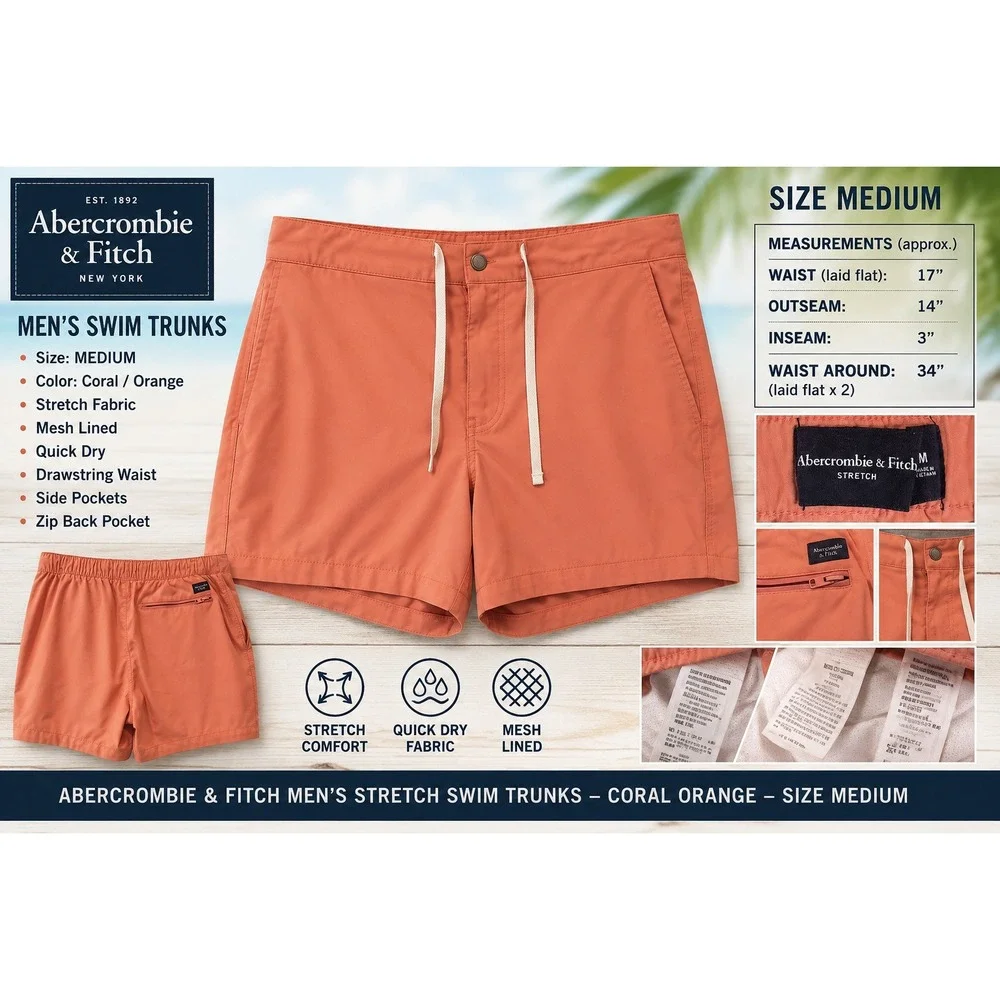 Abercrombie & Fitch Mens Stretch Swim Trunks Coral Orange Medium 133S0133